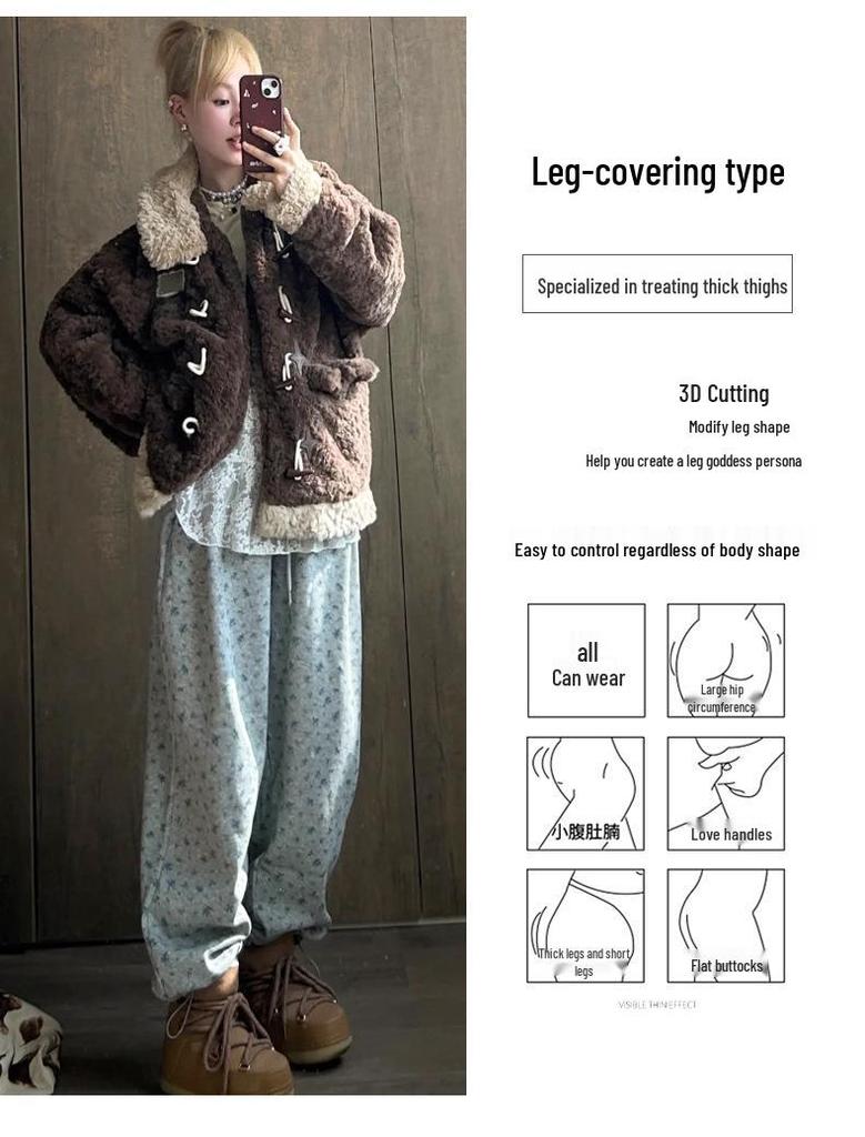 Women's Gray Floral High-Waist Sweatpants, Loose Straight-Leg, Spring Autumn 2025 Collection
