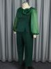 Зеленый брючный костюм большого размера с блестящими сетчатыми рукавами и 3D цветочным декором, идеально подходящий для церкви, официальных мероприятий и особых событий.