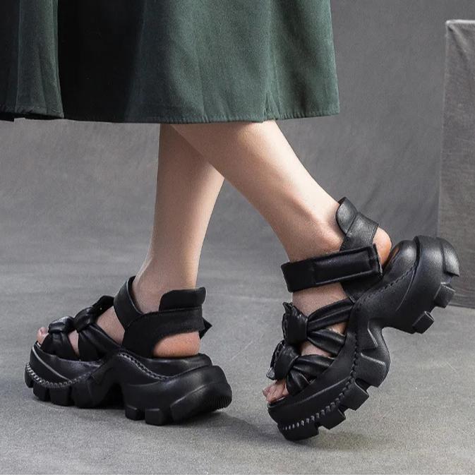 Johnature Дышащие сандалии с открытым носком из натуральной кожи ручной работы, ретро, для通勤, женская обувь на платформе