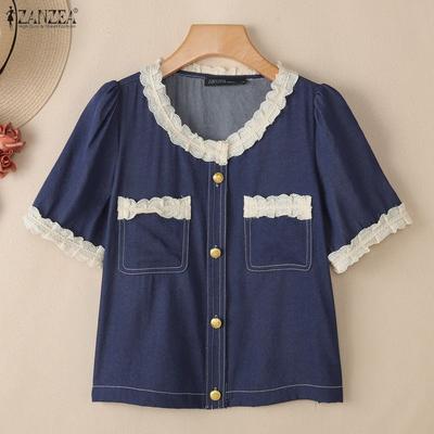 Женская блузка с кружевной вставкой, круглым вырезом, повседневная, с рукавом до локтя