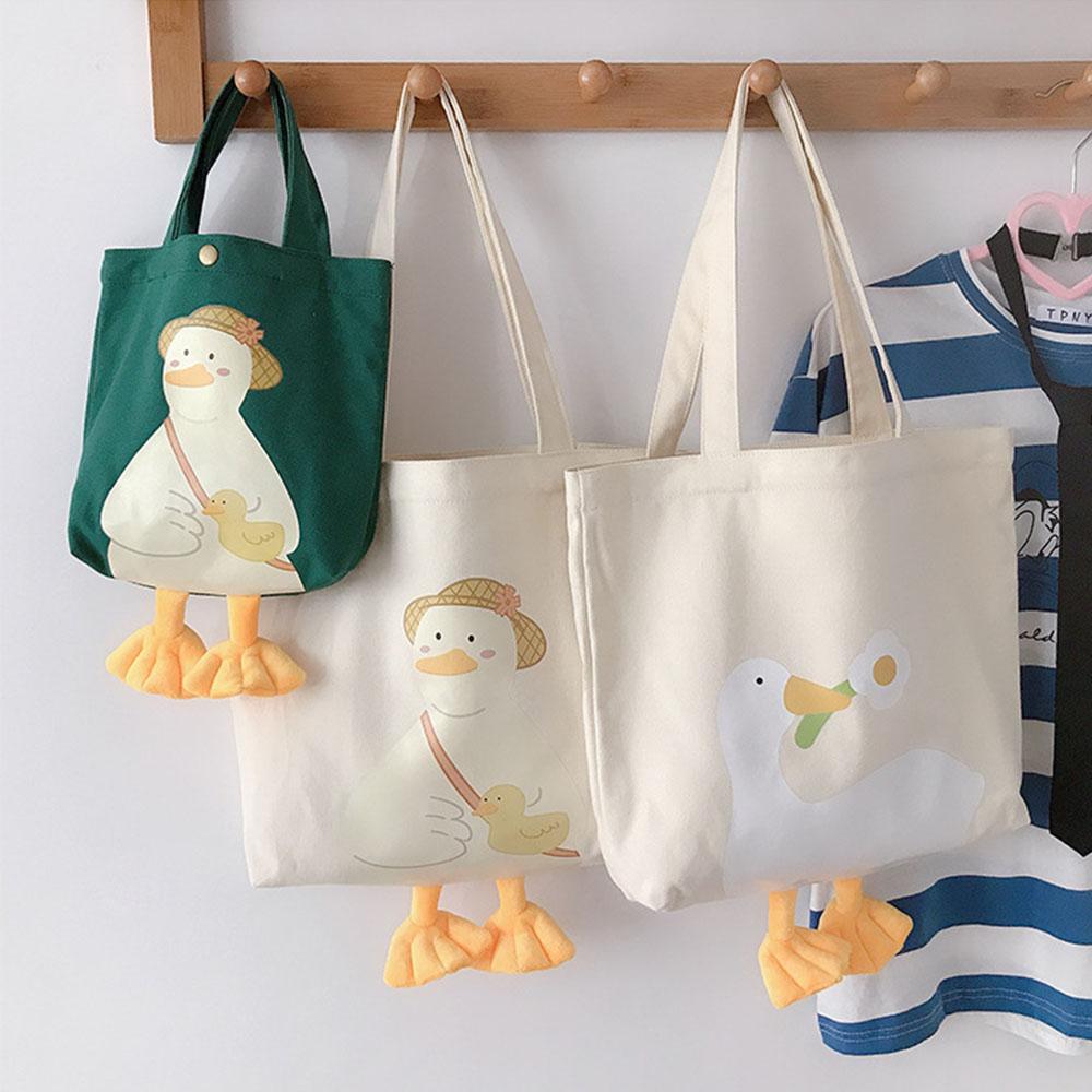 Eco Cute Duck Tote Bag Canvas Duck Embroidery Crossbody Bag Fashion Large-Capacity Shopping Bag