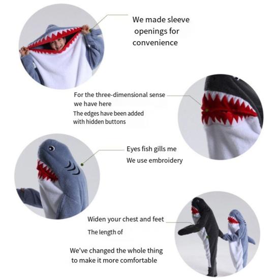 Спальный мешок, мультяшная форма акулы, мягкая фланелевая одежда для кемпинга, семейных прогулок и ночевки, носимое одеяло для взрослых и детей, комбинезон для косплея