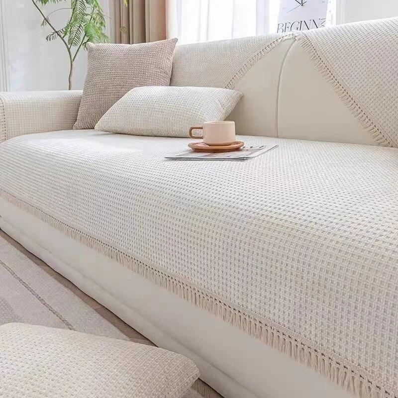 Кремовая подушка для дивана, всесезонный универсальный противоскользящий чехол для дивана с кисточками и краями