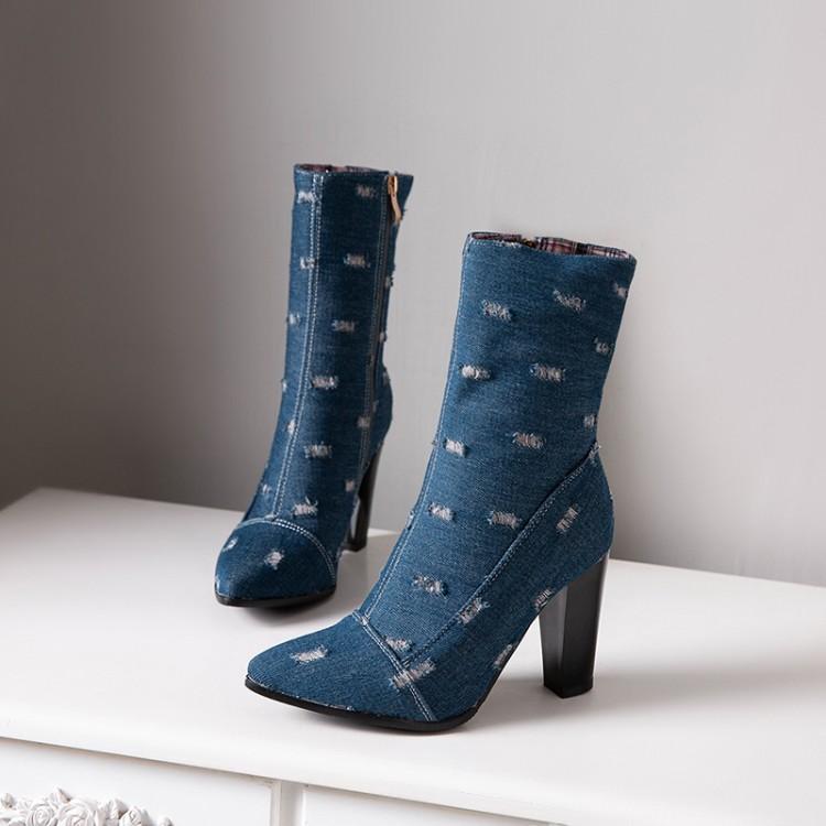 Fashion Pointed Denim Botines Femme 2024 Street High Heels Jeans Boots Women Side Zipper Mid-high Denim Bottes Tassel Chelsea Booties
