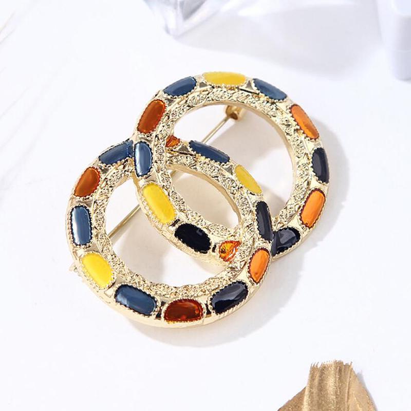 Pearl Colorful Enamel Double Circle Brooch Coat Scarf Pin Luxury Jewelry
