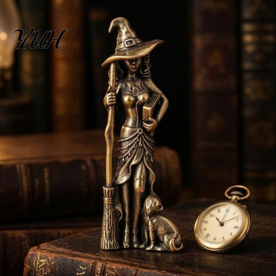 Artistic Copper Figurine Brass Witch Statue with Cat, Vintage Metal Figurine, Collectible Fantasy Gothic Tabletop Decoration Halloween Desk
