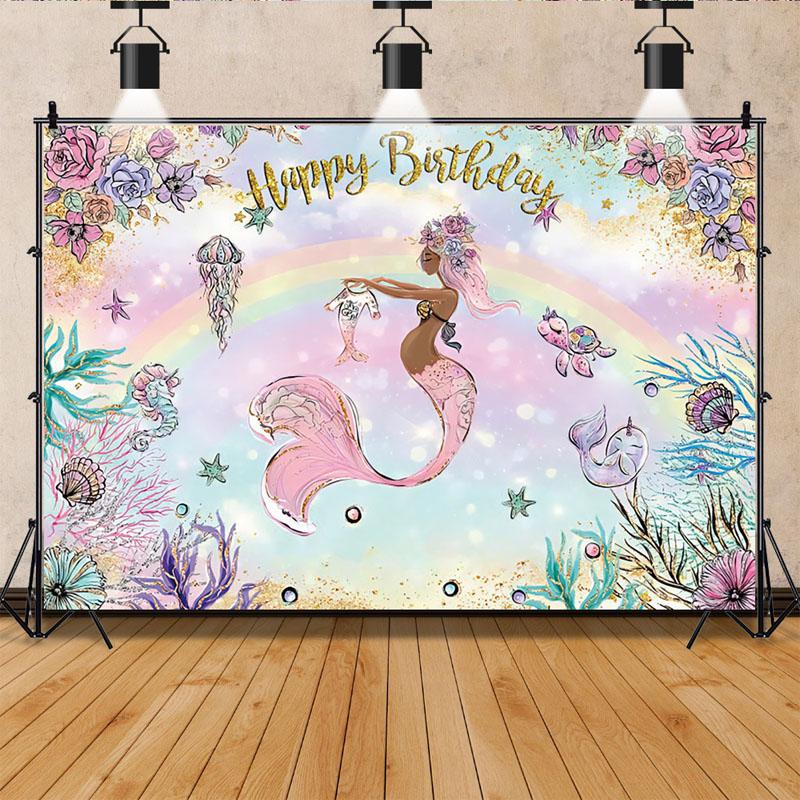 Русалка с днем ​​рождения фон баннер фон дети виниловые украшения