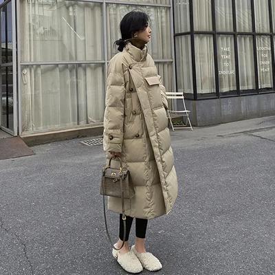 Ветрозащитное пальто с воротником-стойкой, зимние женские пуговицы, большие карманы, длинная парка, утепленная теплая хлопковая куртка, корейская куртка-пуховик