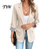 Open Front Suit Jacket Women Lapel Collar Blazer, 3/4 Sleeve Business Casual Jacket, Office Work Short Blazer with Button