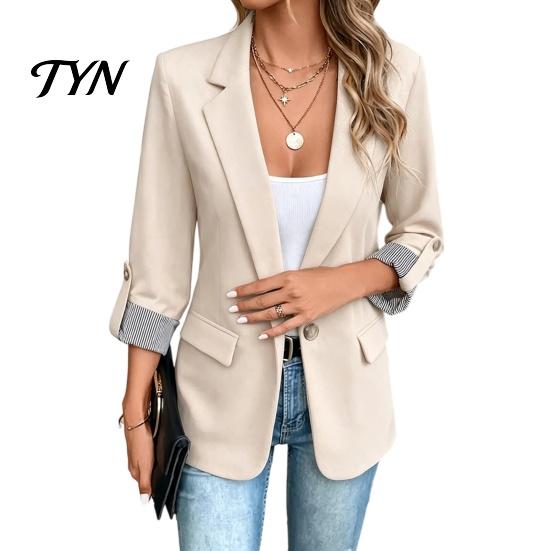 Open Front Suit Jacket Women Lapel Collar Blazer, 3/4 Sleeve Business Casual Jacket, Office Work Short Blazer with Button
