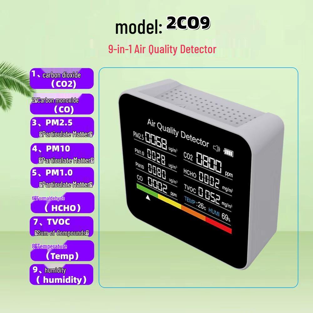 Монитор качества воздуха 9-в-1: Детектор CO2, CO, PM2.5, Формальдегида, TVOC, Температуры и Влажности