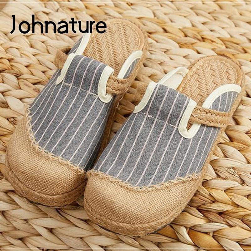 Johnature Summer Shoes Women Slippers Striped Cotton Hemp Outside Slides Flat With Leisure Concise Ladies Slippers