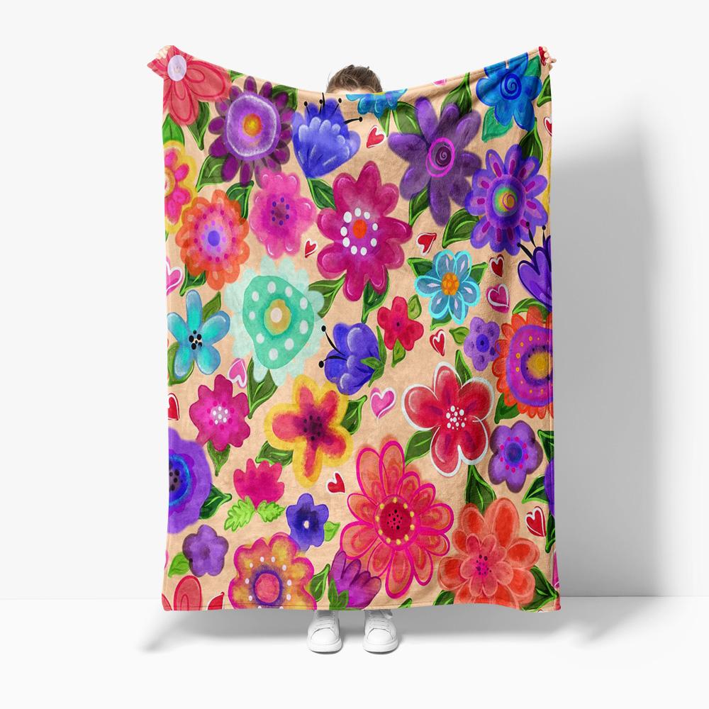 Colorful Floral Fleece Blanket Soft Warm Throw Blanket for Kids Girls Teens Adults Gift Decoration Sofa Bed Room Decor