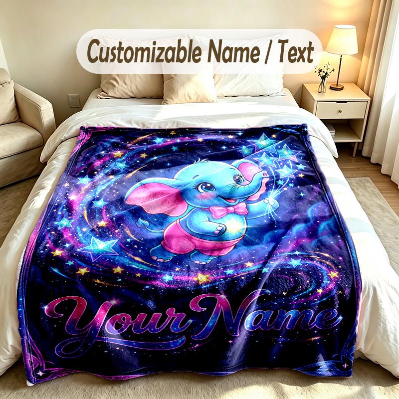 Elephant Theme Soft Blanket Personalized Custom Name Text Print Warm Blanket Home Sofa Bedroom Decor