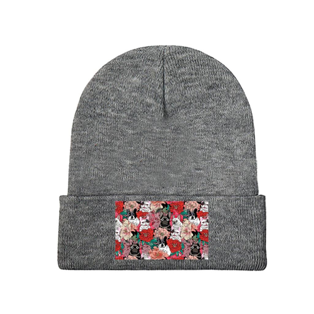 Flowers French Bulldog Knit Hat Beanie Winter Hats Warm Acrylic Street Caps Unisex Women