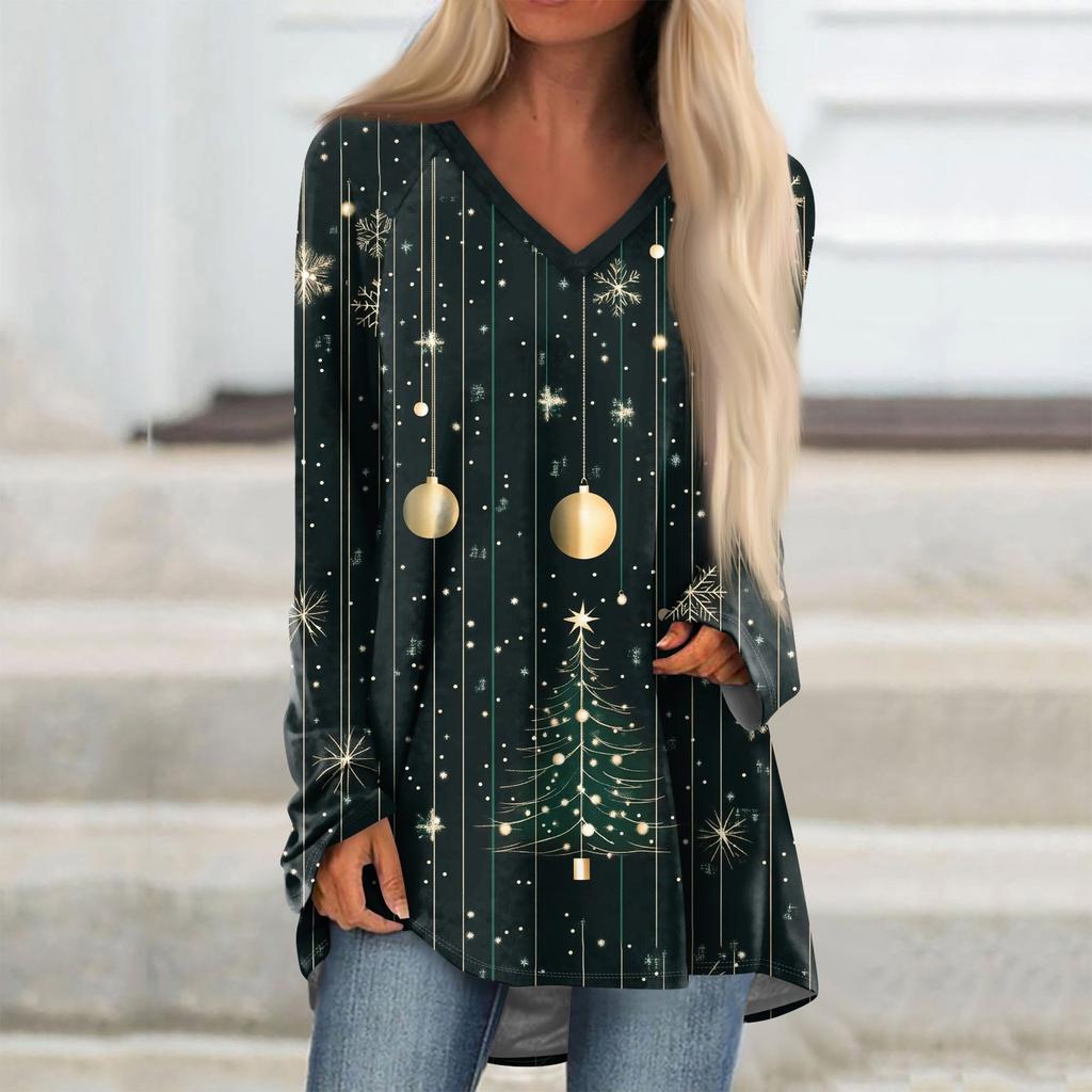 Женская модная повседневная футболка с принтом, длинный рукав, V-образный вырез, топ средней длины