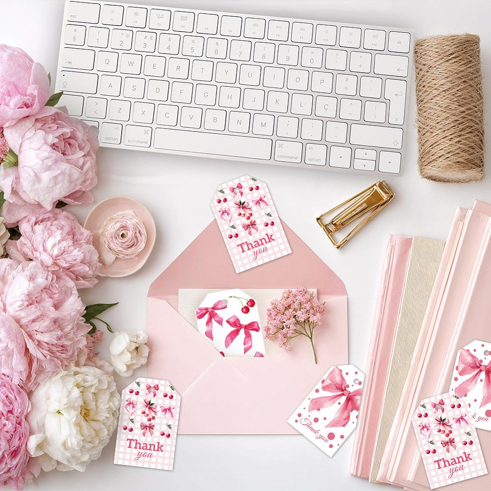 1set 80pcs 4 styles Printed Paper Thank You Gift Tags Rectangle Bowknot 7.7x5.1cm Hole: 5mm 20pcs/style