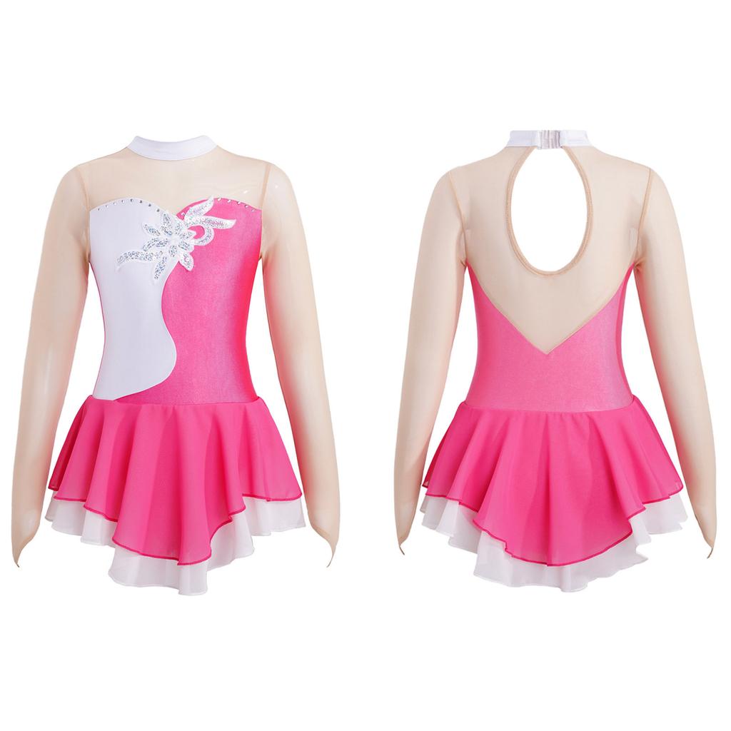 Детская танцевальная одежда с длинными рукавами для девочек, сетчатое лоскутное платье с блестками для катания на коньках, гимнастическое трико, платье