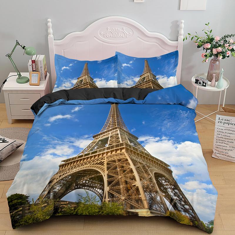 Пододеяльник с изображением Эйфелевой башни, короля и королевы, Париж, знаменитая архитектура, комплект постельного белья для взрослых, романтический пейзаж, 2/3 шт., полиэстер, пододеяльник