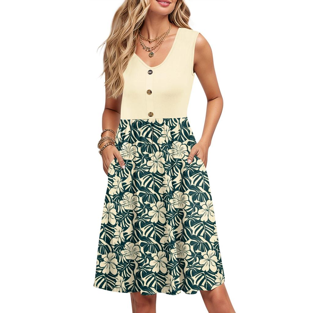 Женские летние платья с принтом, без рукавов, повседневные, свободные, расклешенные, на пуговицах, миди-сарафан с карманами