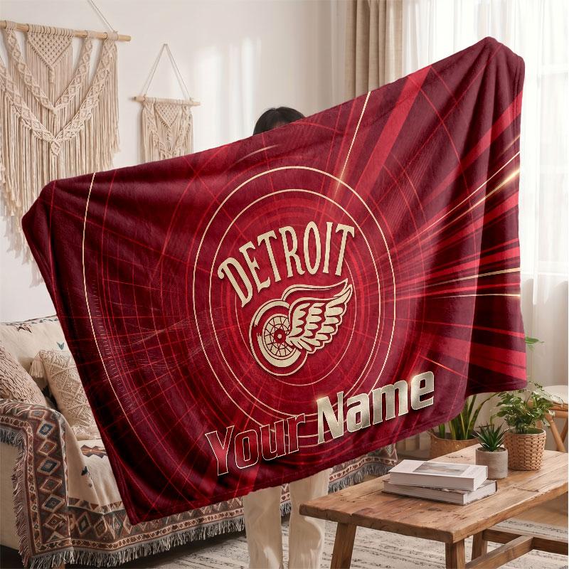 Detroit Red Wings Flannel Blanket, Custom Name Text Personalized Soft Throw Blanket Home Decor Gift
