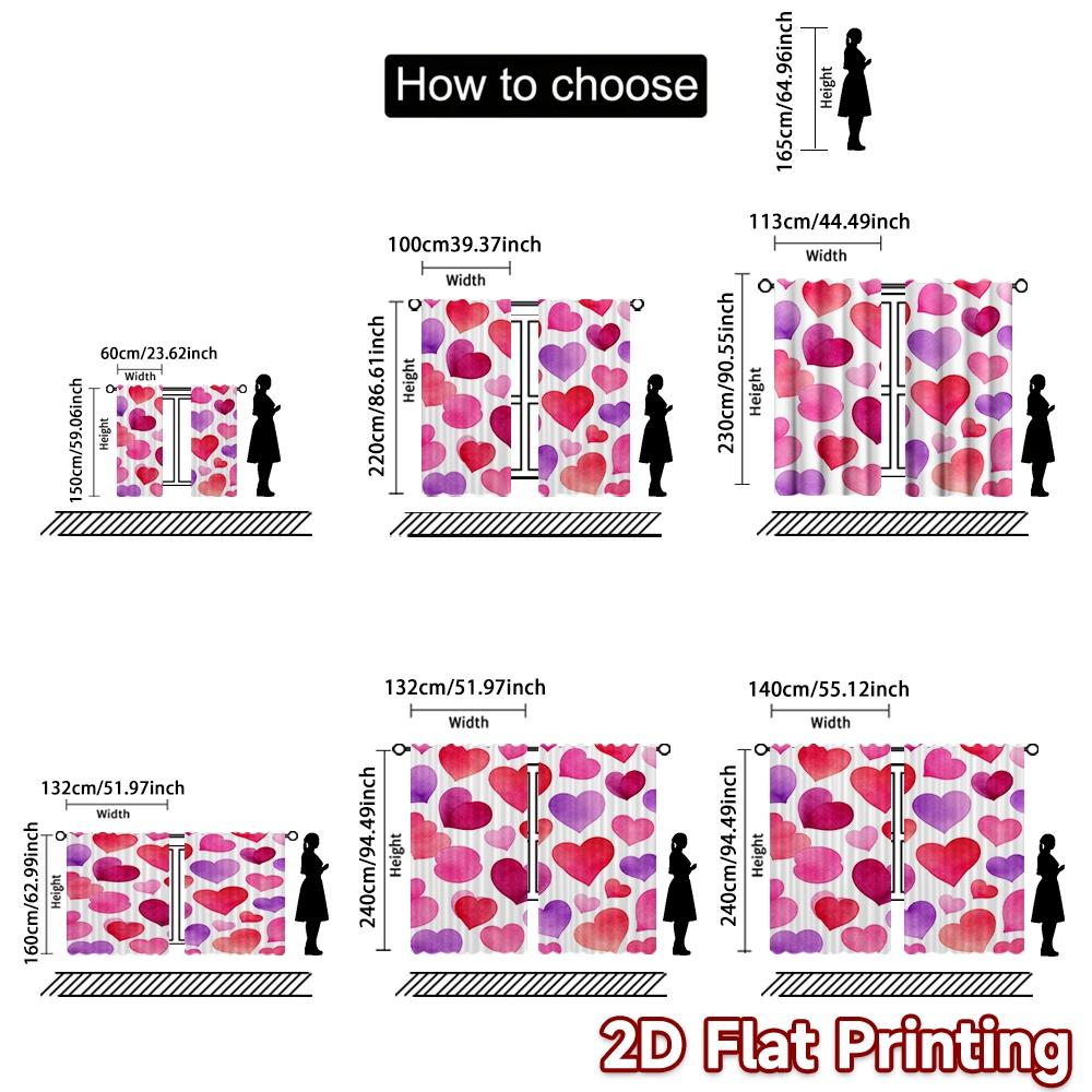 2D FLAT PRINTING 2pcs Curtains (Without Rod) Valentine's Day Watercolor Hearts Modern Curtain Modern 100% Polyester Curtains