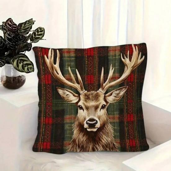 Christmas Elk Pillow Cover Red Green Plaid Elk Head Throw Pillow Cover 18 Inch X 18 Inch Winter Festive Pillowcase for Home Couch Sofa Bed Decoration