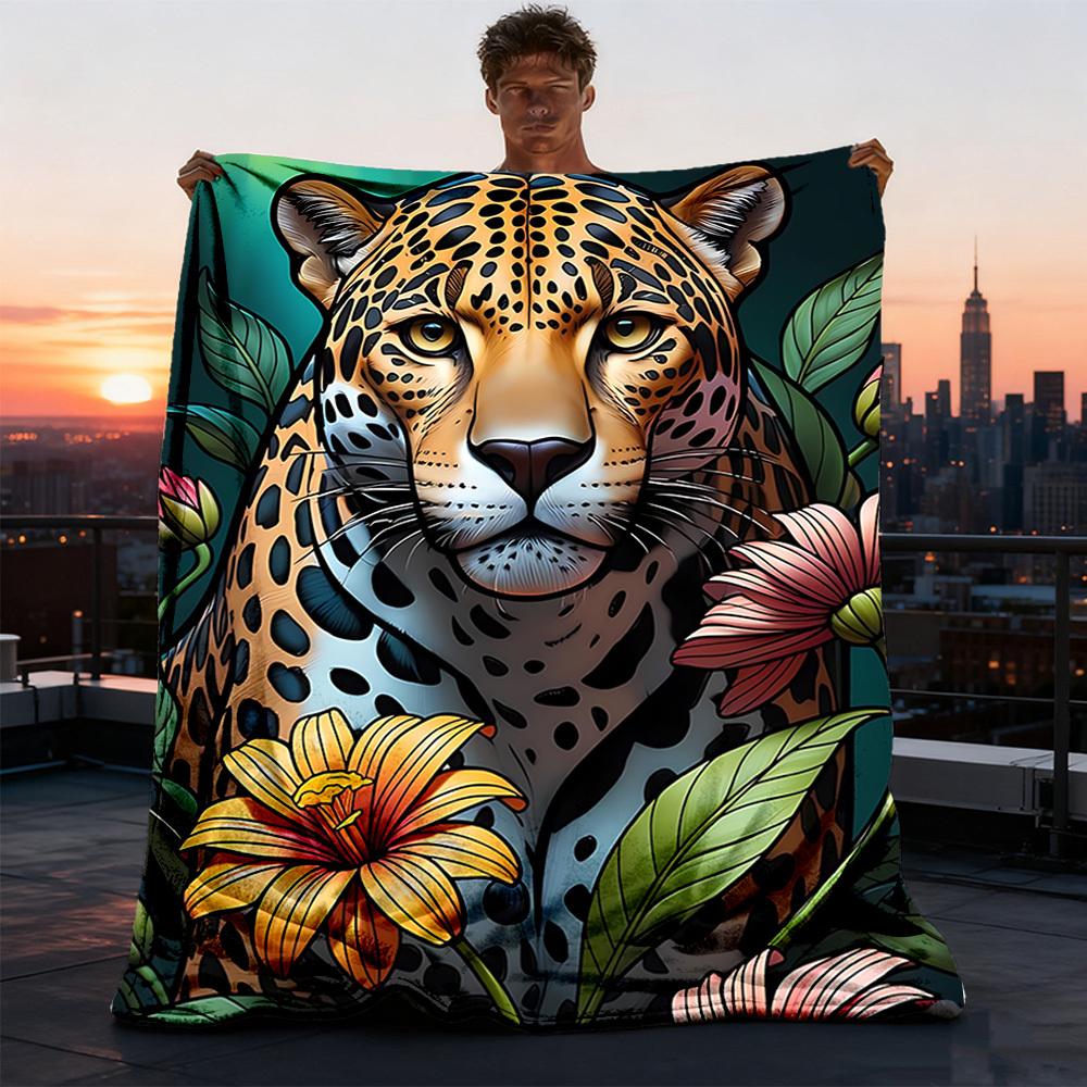 1pc Leopard Floral Print Throw Blanket Polyester Fiber, Lightweight Flannel, Soft & Warm, All Season Use for Outdoor, Camping Digital Print