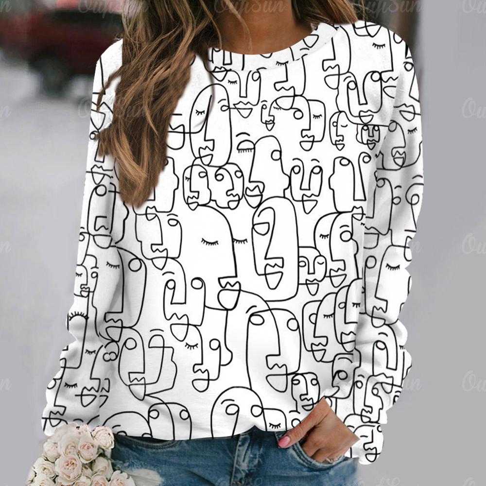 Геометрия Абстрактные принты Женские футболки Винтажное искусство Длинные рукава Футболки Осенняя повседневная женская одежда Свободные повседневные уличные топы