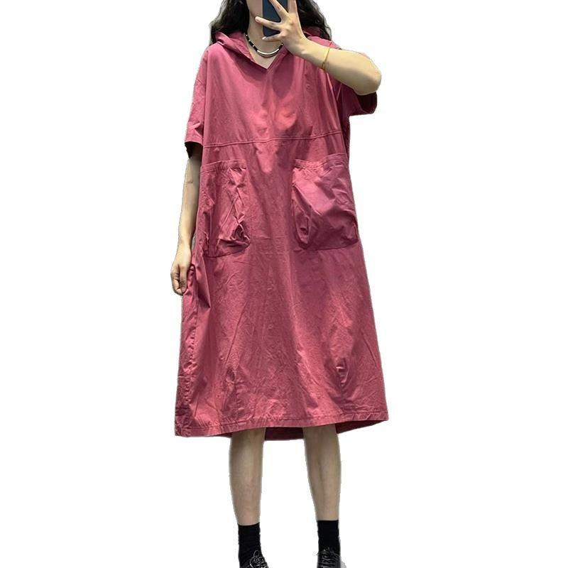 Женское платье с капюшоном, с короткими рукавами, лето 2025, новое, ретро, свободное, большого размера, тонкое, повседневное, средней длины