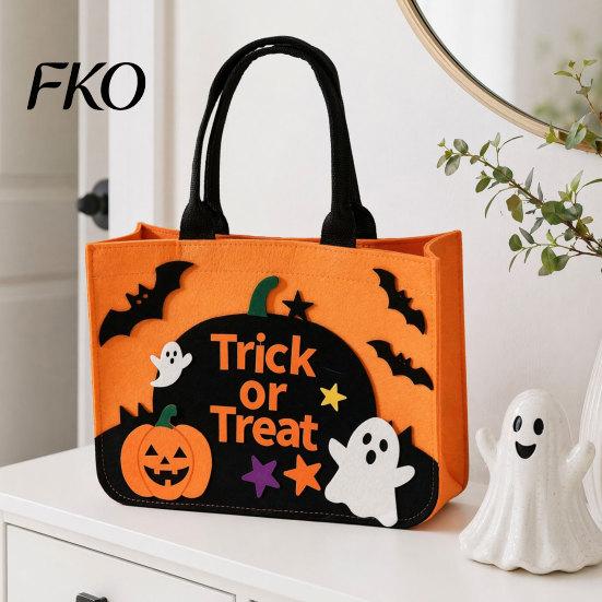 Halloween Photo Prop Bag Trick or Treat Bag, Felt Goodie with Pumpkin Ghost Patches, Or Candy Holder Large Tote for Kids, Party Favor,