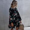 Women Autumn Spring Dress Short O-neck Full Sleeve High Waist Loose Ruffles Floral Print Black S-XL