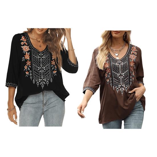 Women Blouse Traditional Mexican Women Embroidered Tops Loose Fit Bohemian Floral 45720 Sleeve