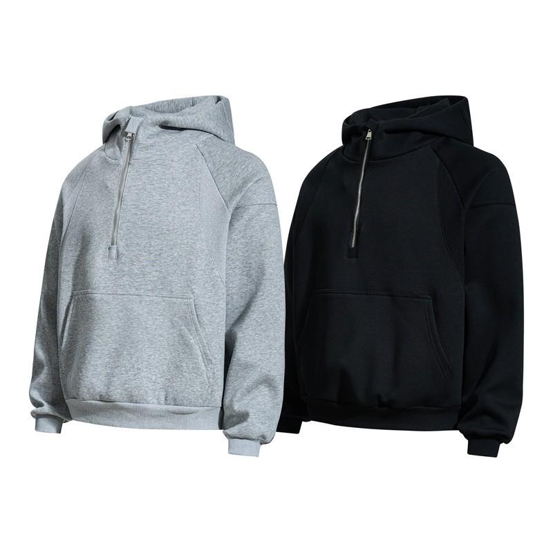 Unisex Streetwear Cropped Hoodie With Half-Zip Deconstructed Patchwork Drop Shoulder Pouch Pocket