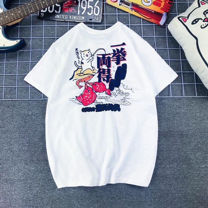 Японский бренд Tide Fengtian Store Футболка с коротким рукавом из чистого хлопка и бамбукового хлопка с принтом «Удачливый кот» и «Карп на рыбалке» для мужчин и женщин