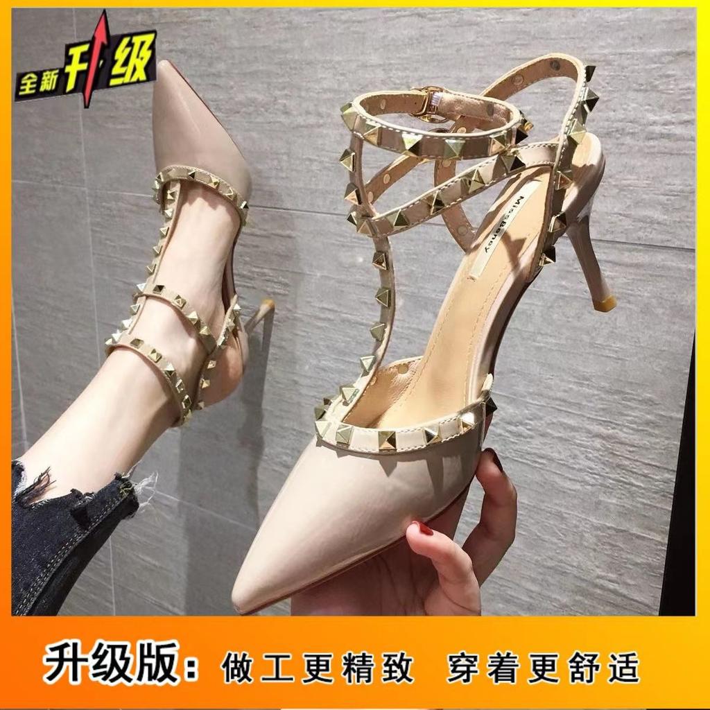 Весна 2024 женские туфли на высоком каблуке с острым носком, на тонком каблуке, босоножки с ремешком на щиколотке, женские туфли с заклепками, свадебные туфли, средний каблук, туфли-лодочки, большой размер