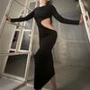 Elegant Sexy Party Hollow Out High Waist Black Dress Women Long Sleeve Slim Fit Casual Long Dress for Women Fashion Street Y2K Evening Dress 26182