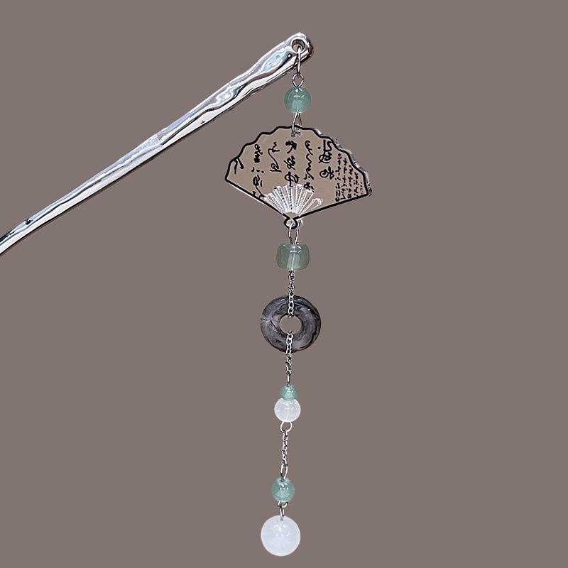 Fashion Metal Jewelry Hairpin For Women Ink Wash Style Folding Fan Erhu Butterfly Tassel Hair Stick Girls Trendy Hair Accessory