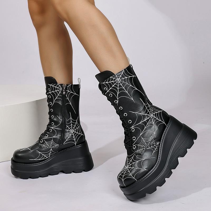 Fashion Spooky Style Chunky Platform Mid Calf Boots Women Spider Web Pattern Wedge Gothic Boots Woman Thick Sole Halloween Cosplay Shoes