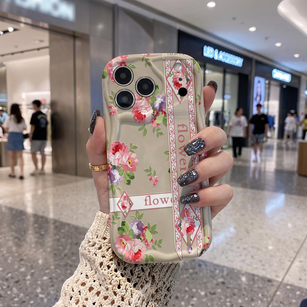 Vintage Peony Floral Phone Case For iPhone 16 15 14 Pro Max 13 12 11 Mini XR XS SE Wavy Edge Soft Cover