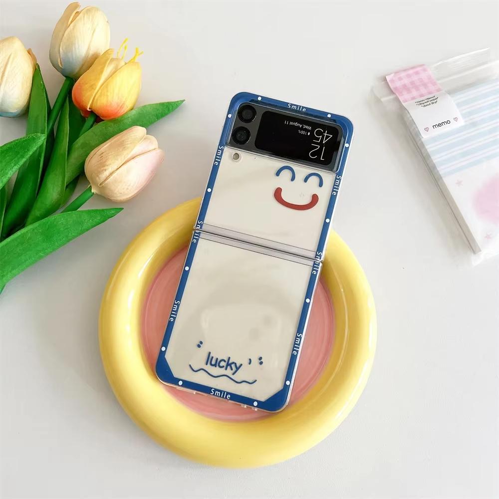 Корейский Милый Счастливый Узор Чехол для Телефона Для Samsung Galaxy Z Flip 6 5 3 4 Прозрачный Жесткий Складной Fundas Ударопрочный