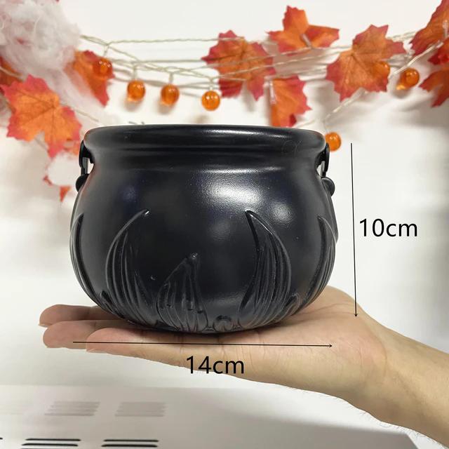 Halloween Candy Bowl Decorations Black Plastic Cauldron Bowls with Iron Rack, Halloween Party Decorations Candy Bucket