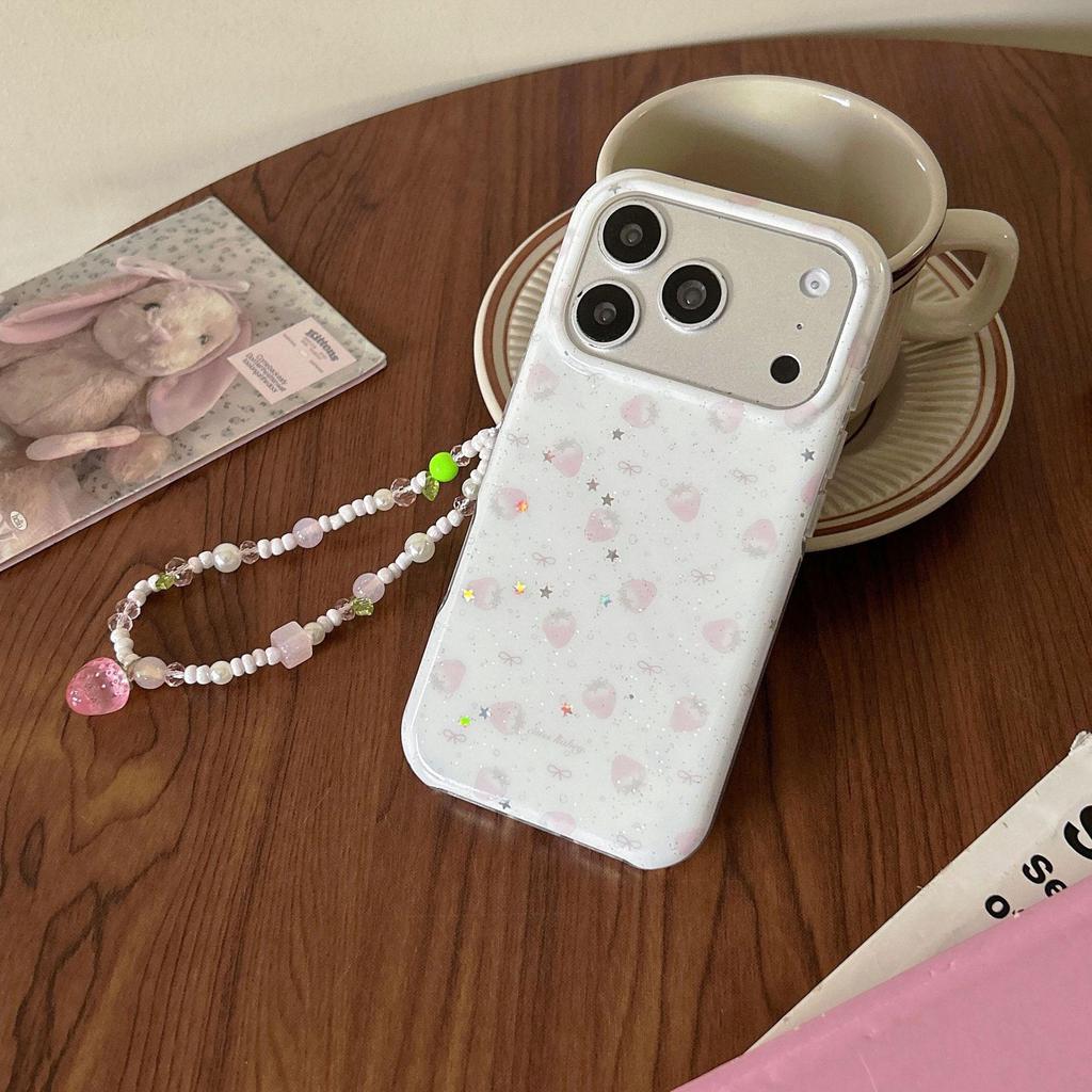 Чехол для iPhone 16/17 Pro Max 'Сладкое Сердце Клубника с Блестками и Цепочкой - Новый Стиль