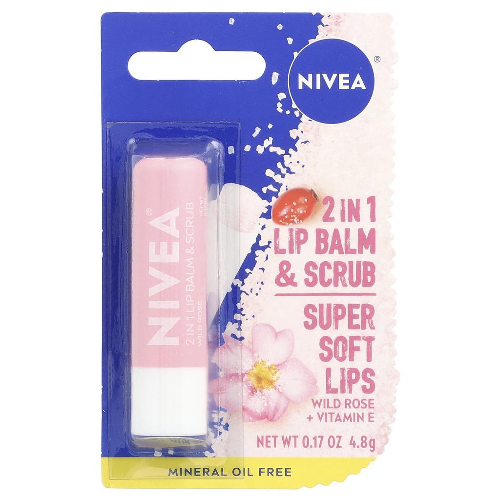 Nivea Бальзам для губ и скраб 2 в 1, дикая роза, 0,17 унции (4,8 г)