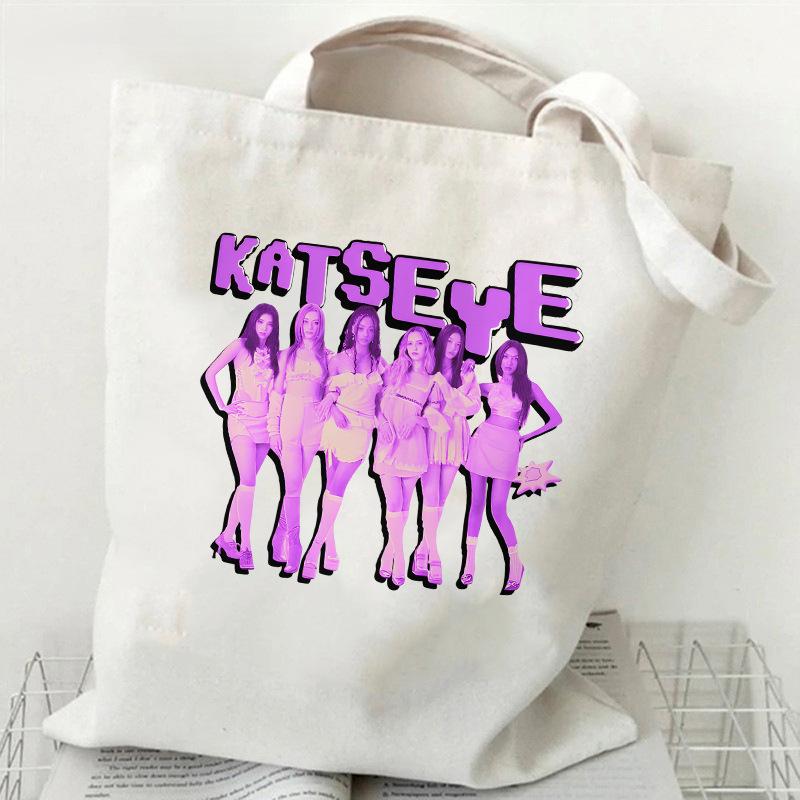 KATSEYE Printed Canvas Tote Bag Large Capacity Commuter Shoulder Shopping Bag Fashion Work Handbag Student Book Bag Lightweight Durable