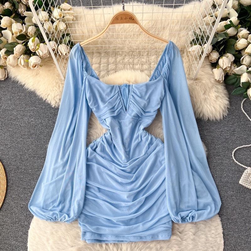 European and American new deep V bubble sleeve short skirt, pleated slim-fitting hip-wrapped skirt, mesh splicing Spice Girl skirt