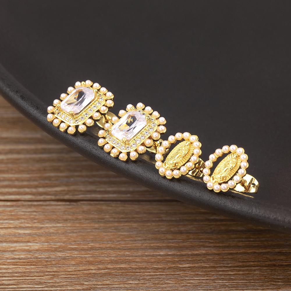 Nidin New Fashion Lucky Inlaid Pearl Bead Shiny Zircon Charm Stud Earrings 4 Styles For Women Upscale Ear Jewelry Accessories