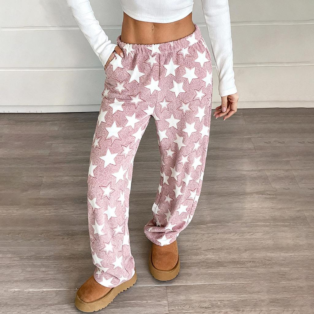 Women's Pajama Pants, Plush Pajama Pants, Soft Elastic Waist Pajama Pants, Star Pants With 2 Pockets