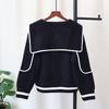 Осень и зима новый контрастный цвет темно-синий воротник вязаный двухсторонний кардиган темперамент свободный свитер куртка женская