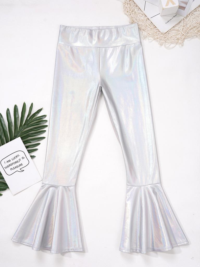 Бронзовые тканевые расклешенные брюки с высокой талией, детская одежда для танцев для девочек, сценический костюм, длинные брюки-клеш с рюшами на подол